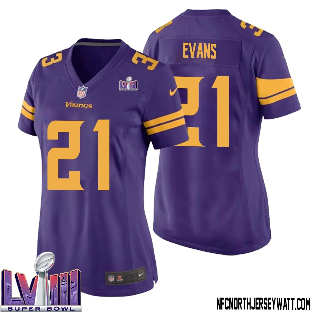 Akayleb Evans No 21 Minnesota Vikings Super Bowl LVIII Alternate Game Jersey Purple for Women