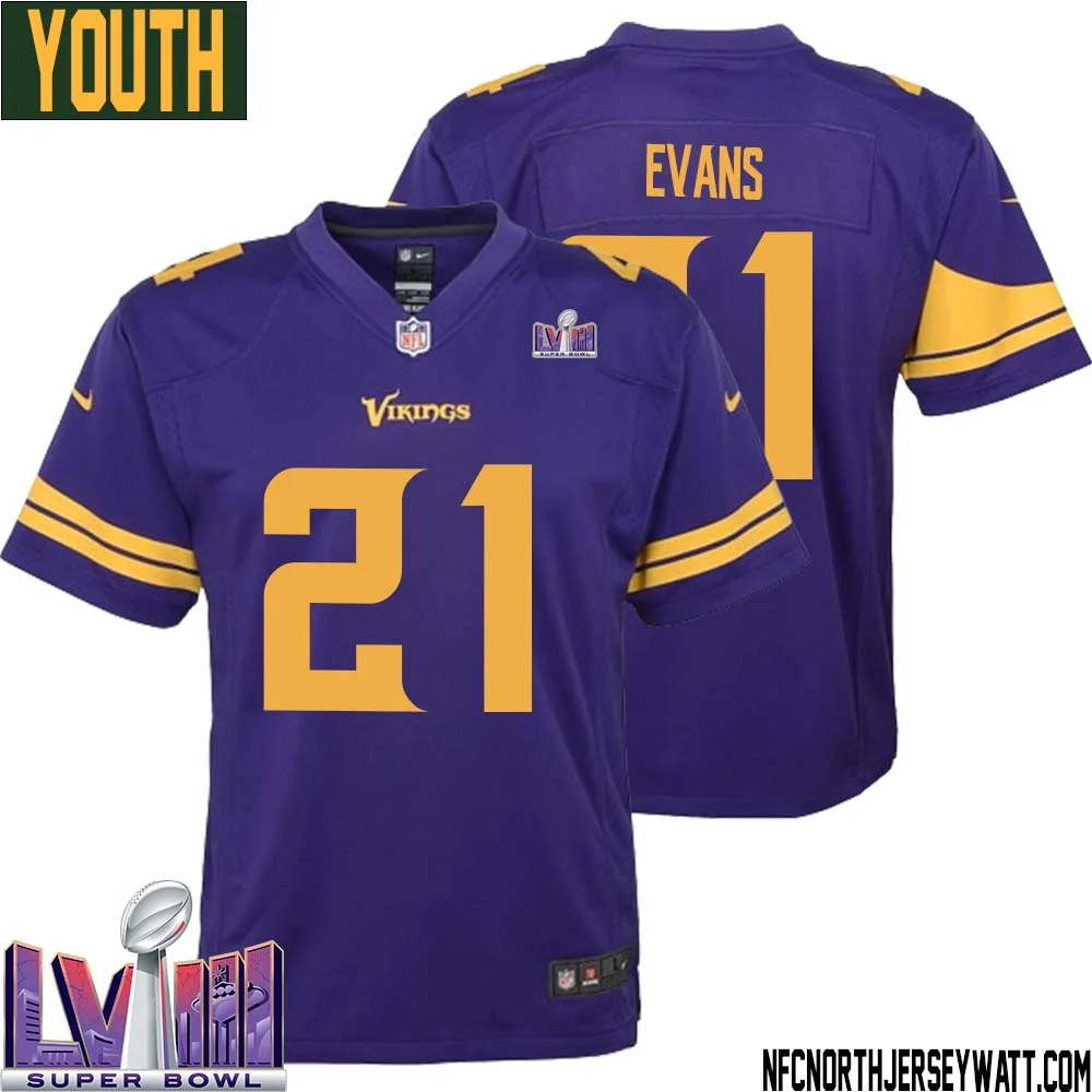 Akayleb Evans No 21 Minnesota Vikings Super Bowl LVIII Alternate Game Jersey Purple for Youth