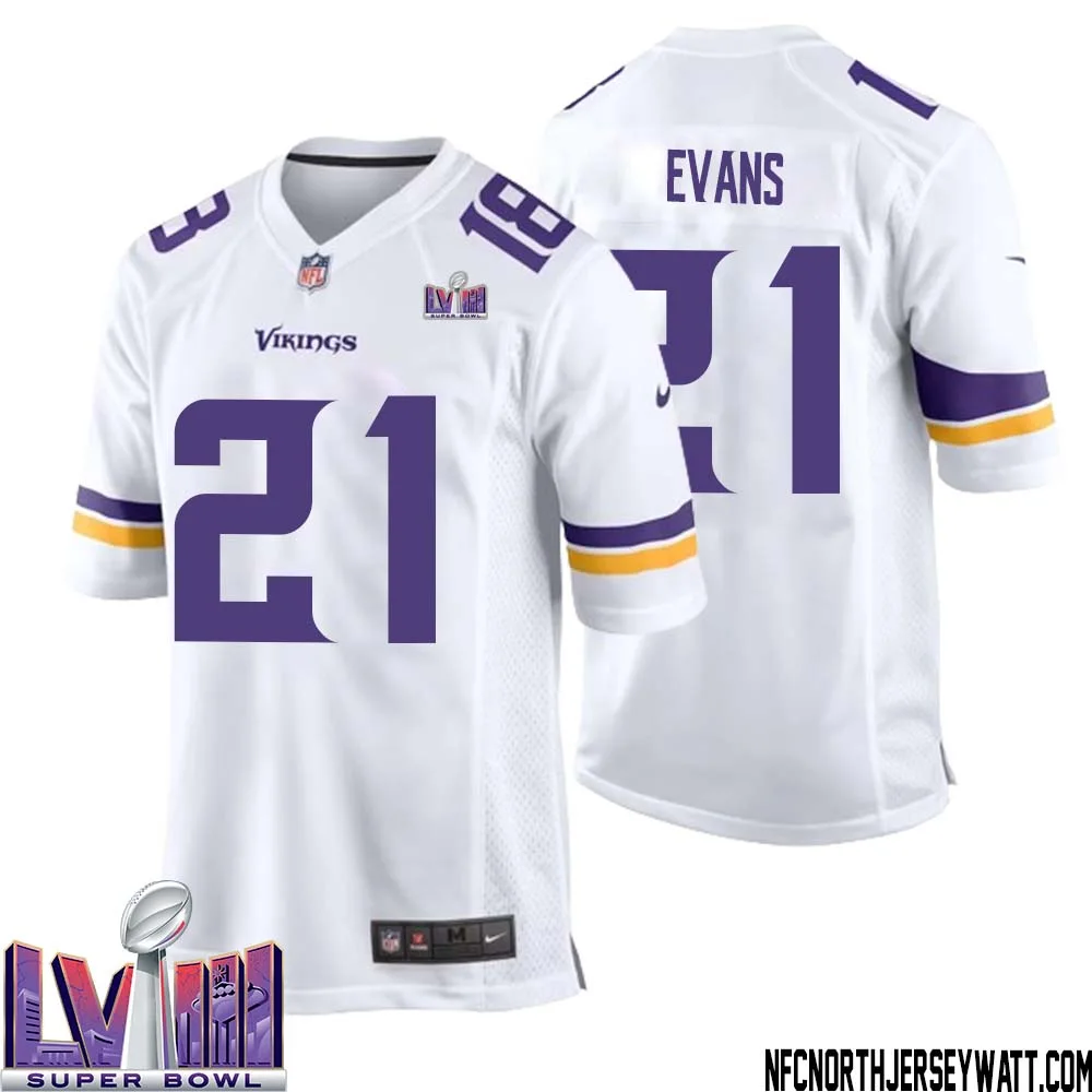 Akayleb Evans No 21 Minnesota Vikings Super Bowl LVIII Away Game Jersey White for Men