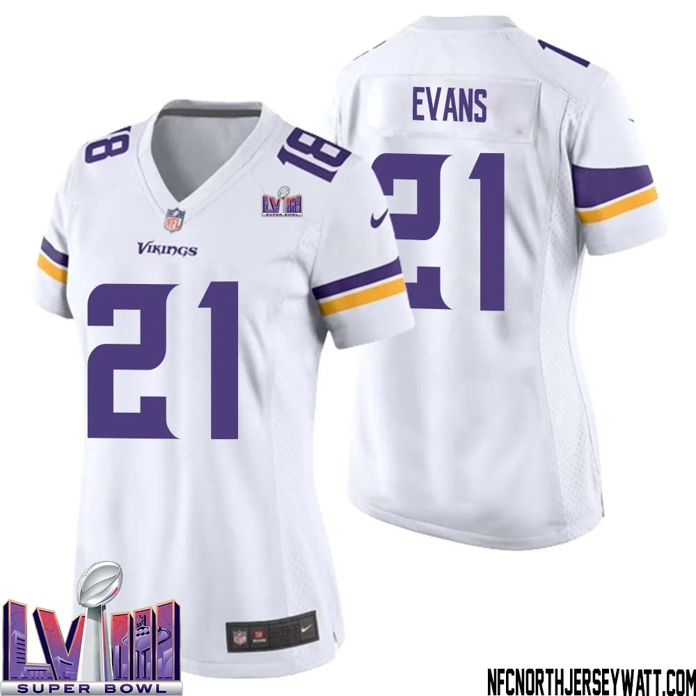 Akayleb Evans No 21 Minnesota Vikings Super Bowl LVIII Away Game Jersey White for Women 1
