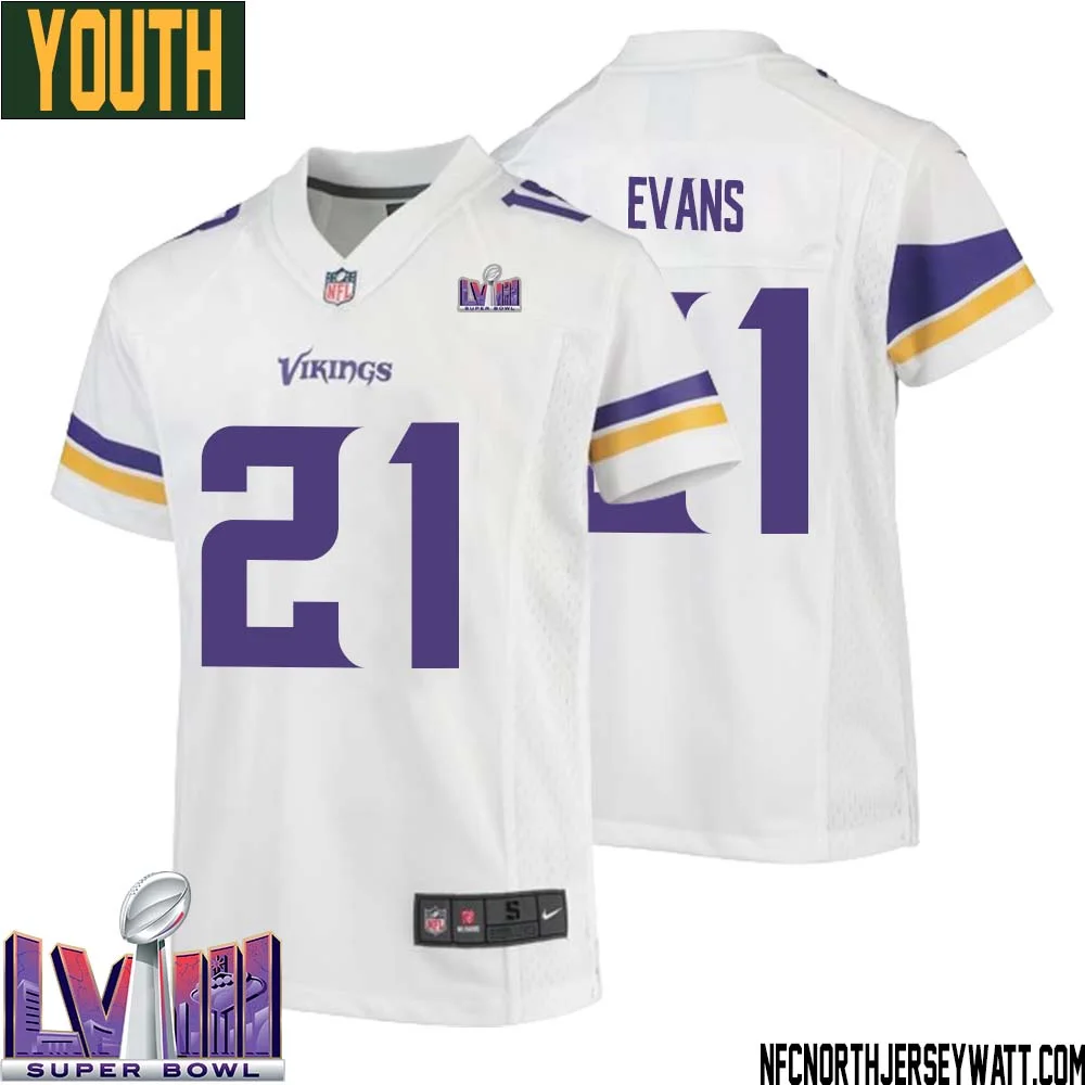 Akayleb Evans No 21 Minnesota Vikings Super Bowl LVIII Away Game Jersey White for Youth