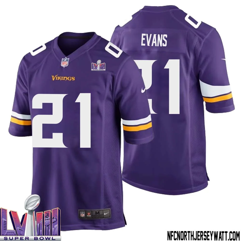 Akayleb Evans No 21 Minnesota Vikings Super Bowl LVIII Home Game Jersey Court Purple for Mens