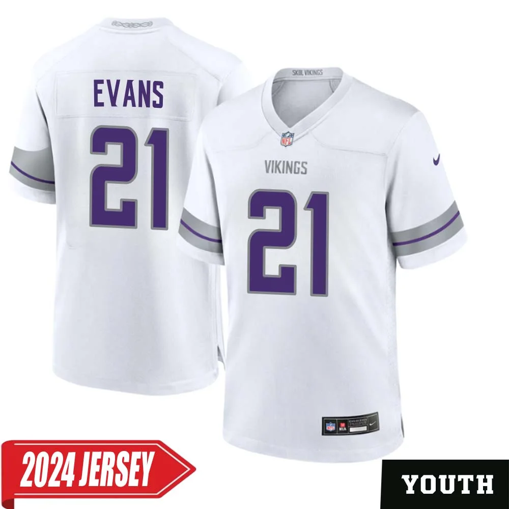 Akayleb Evans No 21 Youth s Minnesota Vikings White Alternate Custom Game 2024 Jersey