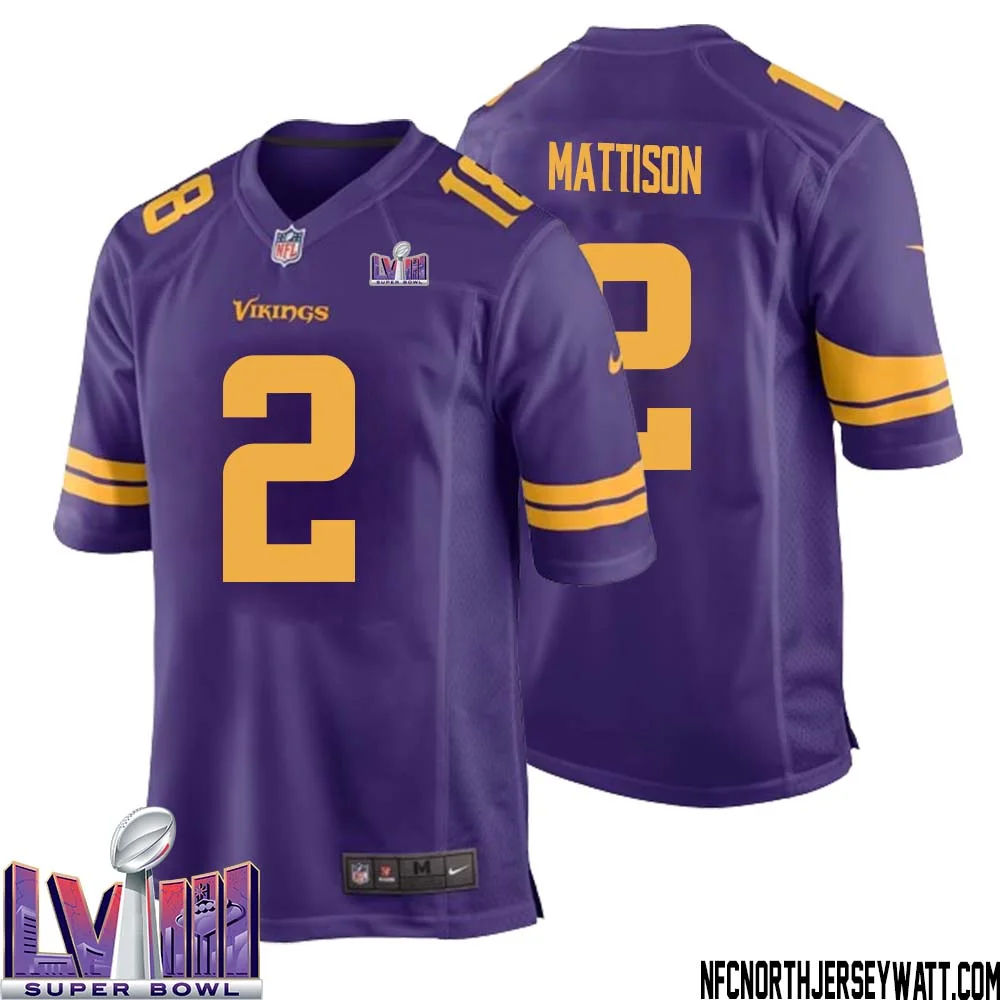 Alexander Mattison No 2 Minnesota Vikings Super Bowl LVIII Alternate Game Jersey Purple for Men 1