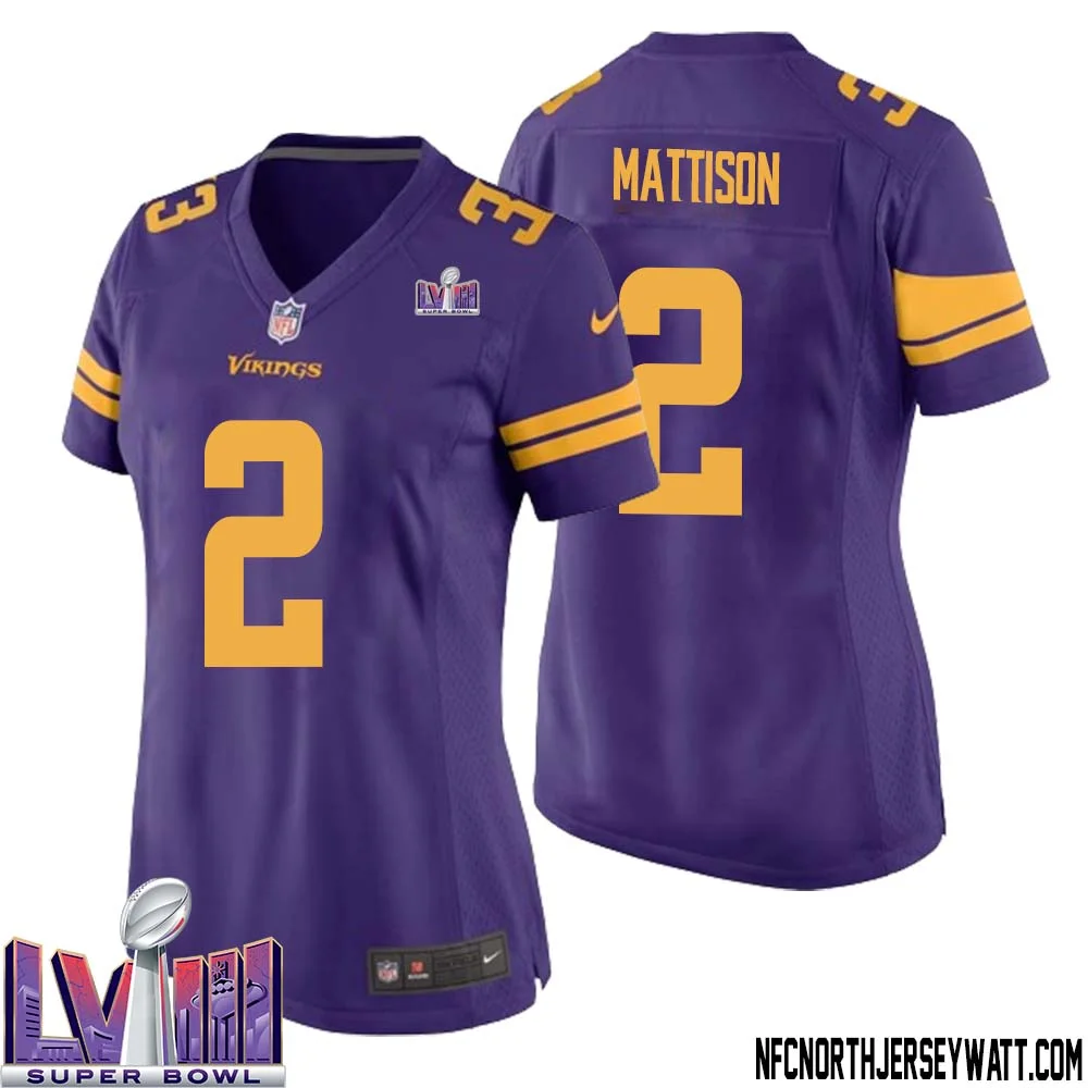Alexander Mattison No 2 Minnesota Vikings Super Bowl LVIII Alternate Game Jersey Purple for Women