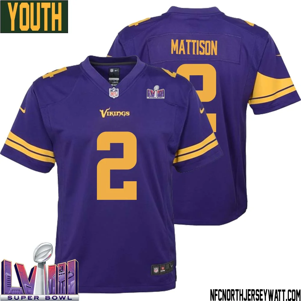 Alexander Mattison No 2 Minnesota Vikings Super Bowl LVIII Alternate Game Jersey Purple for Youth 1