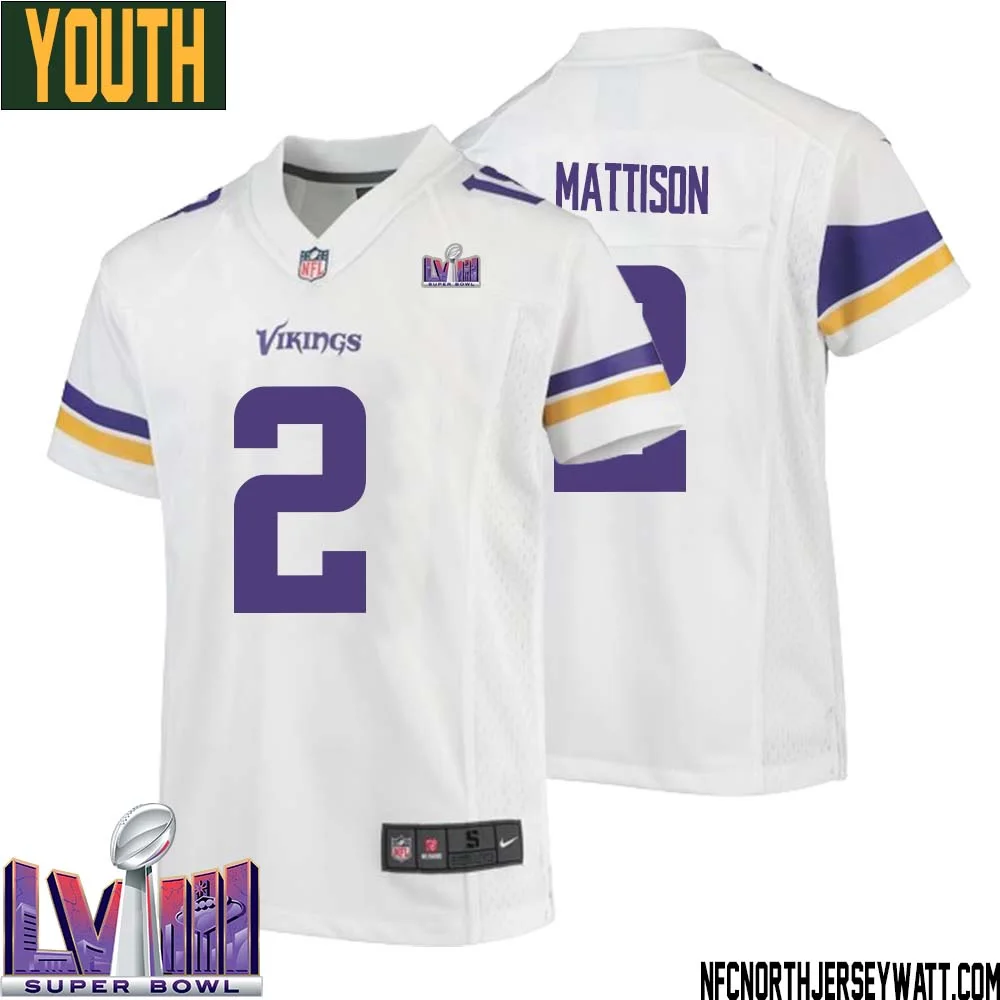 Alexander Mattison No 2 Minnesota Vikings Super Bowl LVIII Away Game Jersey White for Youth