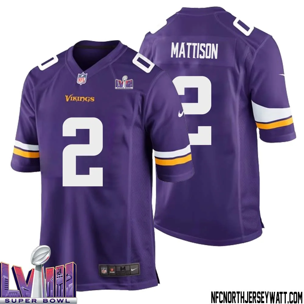 Alexander Mattison No 2 Minnesota Vikings Super Bowl LVIII Home Game Jersey Court Purple for Mens 1