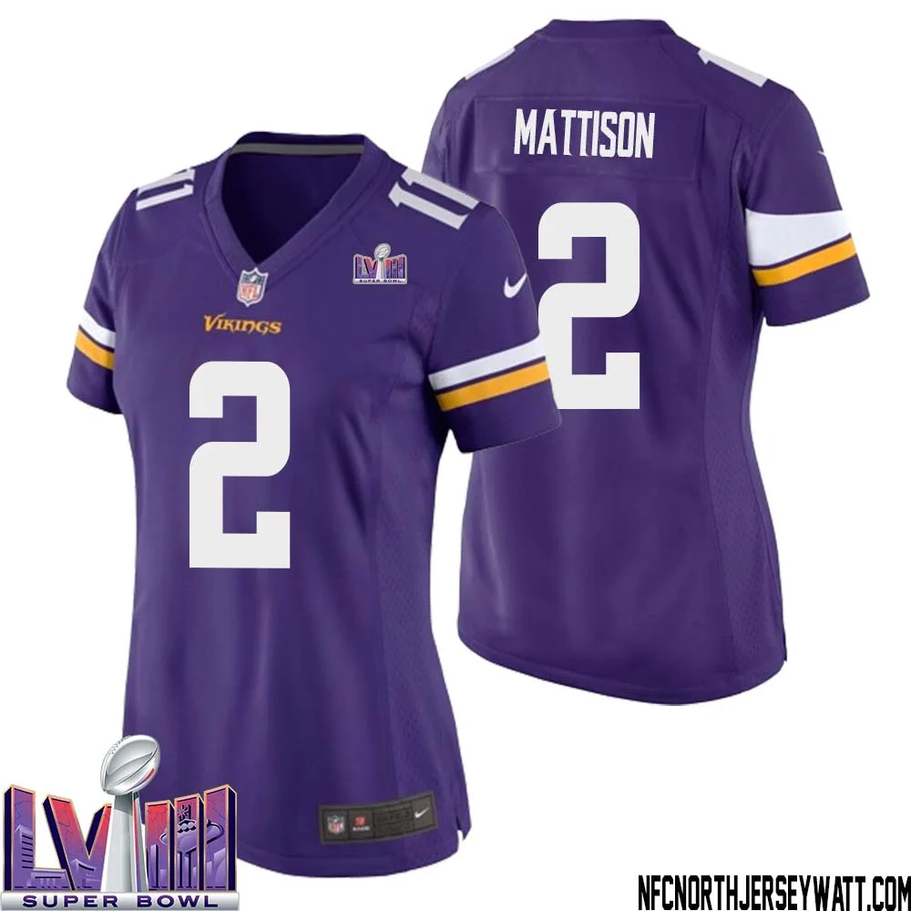 Alexander Mattison No 2 Minnesota Vikings Super Bowl LVIII Home Game Jersey Court Purple for Women