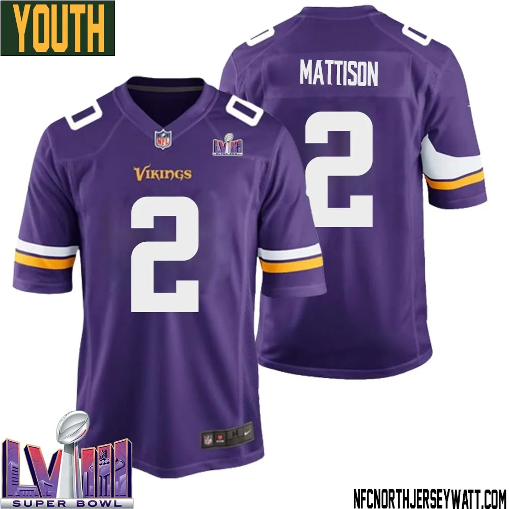 Alexander Mattison No 2 Minnesota Vikings Super Bowl LVIII Home Game Jersey Court Purple for Youth 1