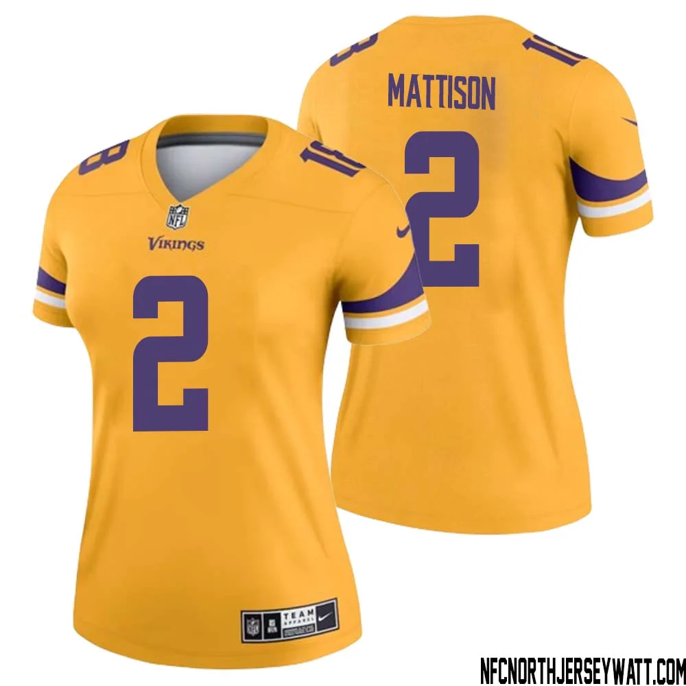 Alexander Mattison No 2 Women Minnesota Vikings Gold Inverted Legend Jersey 1