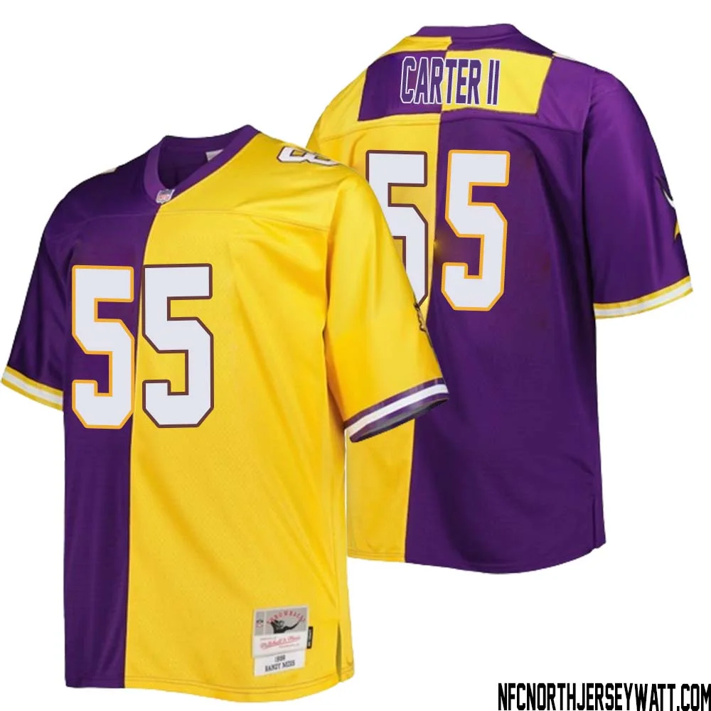 Andre Carter II No 55 Men Mitchell Ness Purple Gold Minnesota Vikings Big Tall Split Legacy Retired Player Replica Jersey 1