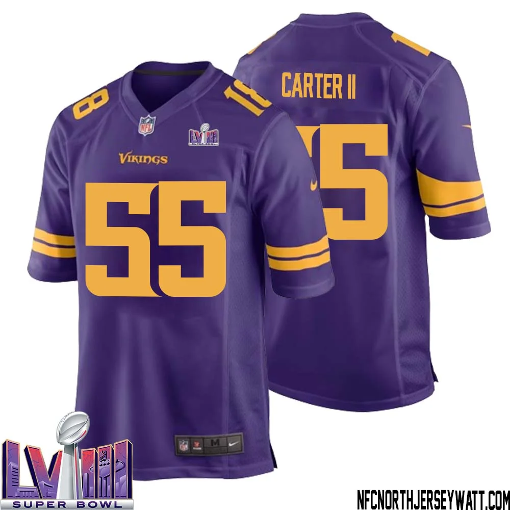 Andre Carter II No 55 Minnesota Vikings Super Bowl LVIII Alternate Game Jersey Purple for Men 1