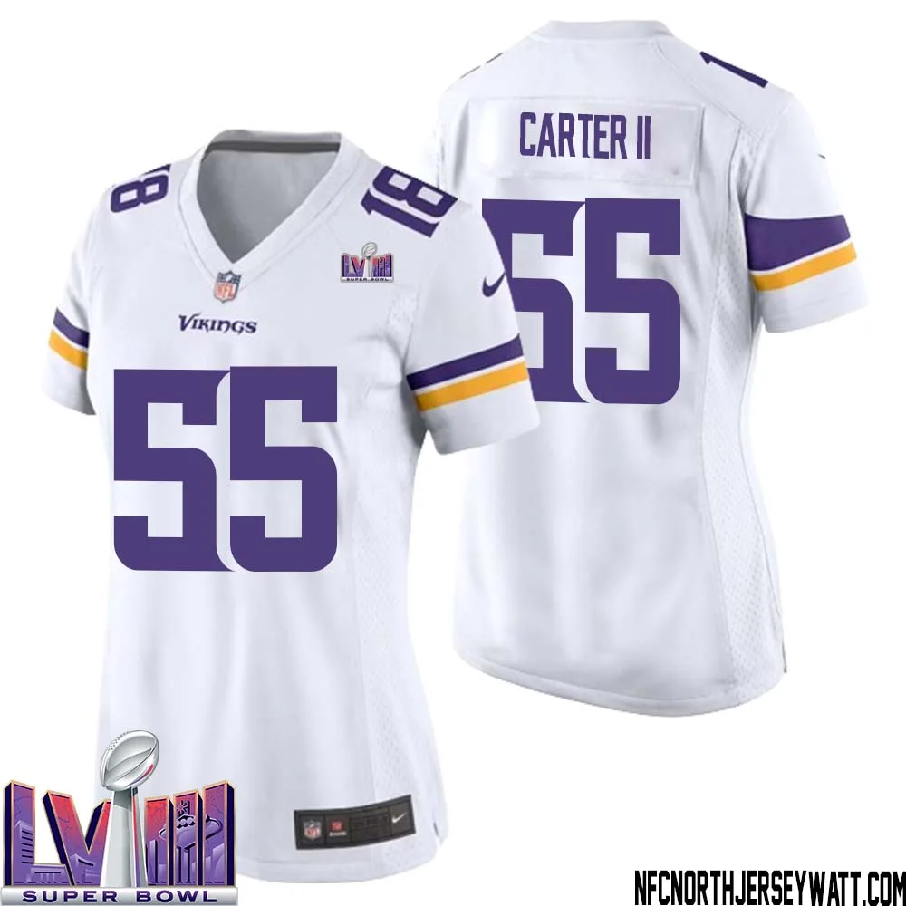 Andre Carter II No 55 Minnesota Vikings Super Bowl LVIII Away Game Jersey White for Women 1