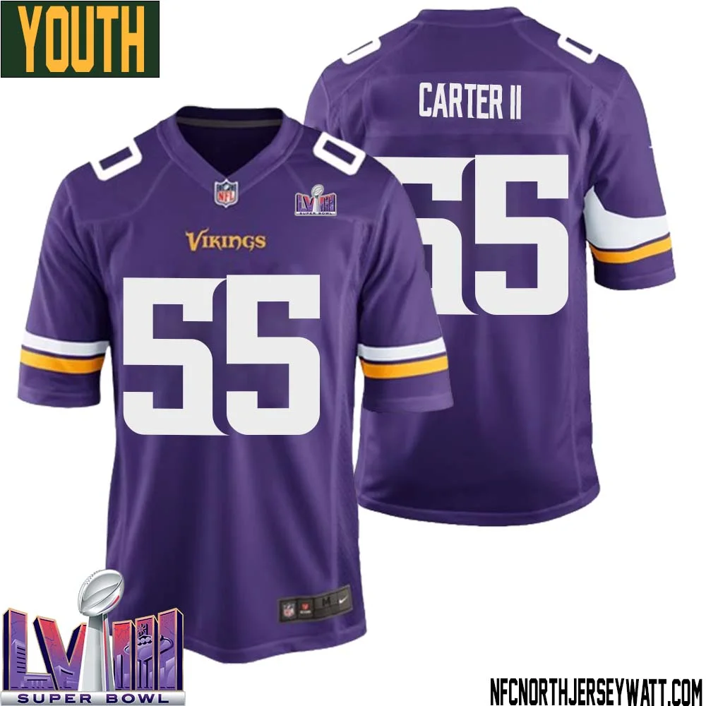 Andre Carter II No 55 Minnesota Vikings Super Bowl LVIII Home Game Jersey Court Purple for Youth 1