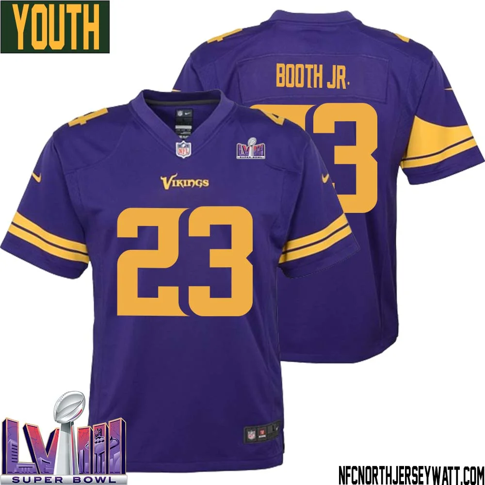 Andrew Booth Jr. No 23 Minnesota Vikings Super Bowl LVIII Alternate Game Jersey Purple for Youth
