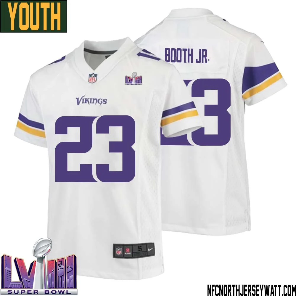 Andrew Booth Jr. No 23 Minnesota Vikings Super Bowl LVIII Away Game Jersey White for Youth 1