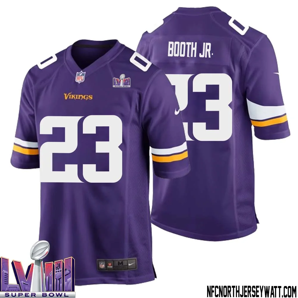 Andrew Booth Jr. No 23 Minnesota Vikings Super Bowl LVIII Home Game Jersey Court Purple for Mens