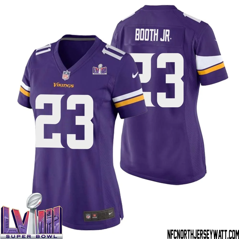 Andrew Booth Jr. No 23 Minnesota Vikings Super Bowl LVIII Home Game Jersey Court Purple for Women