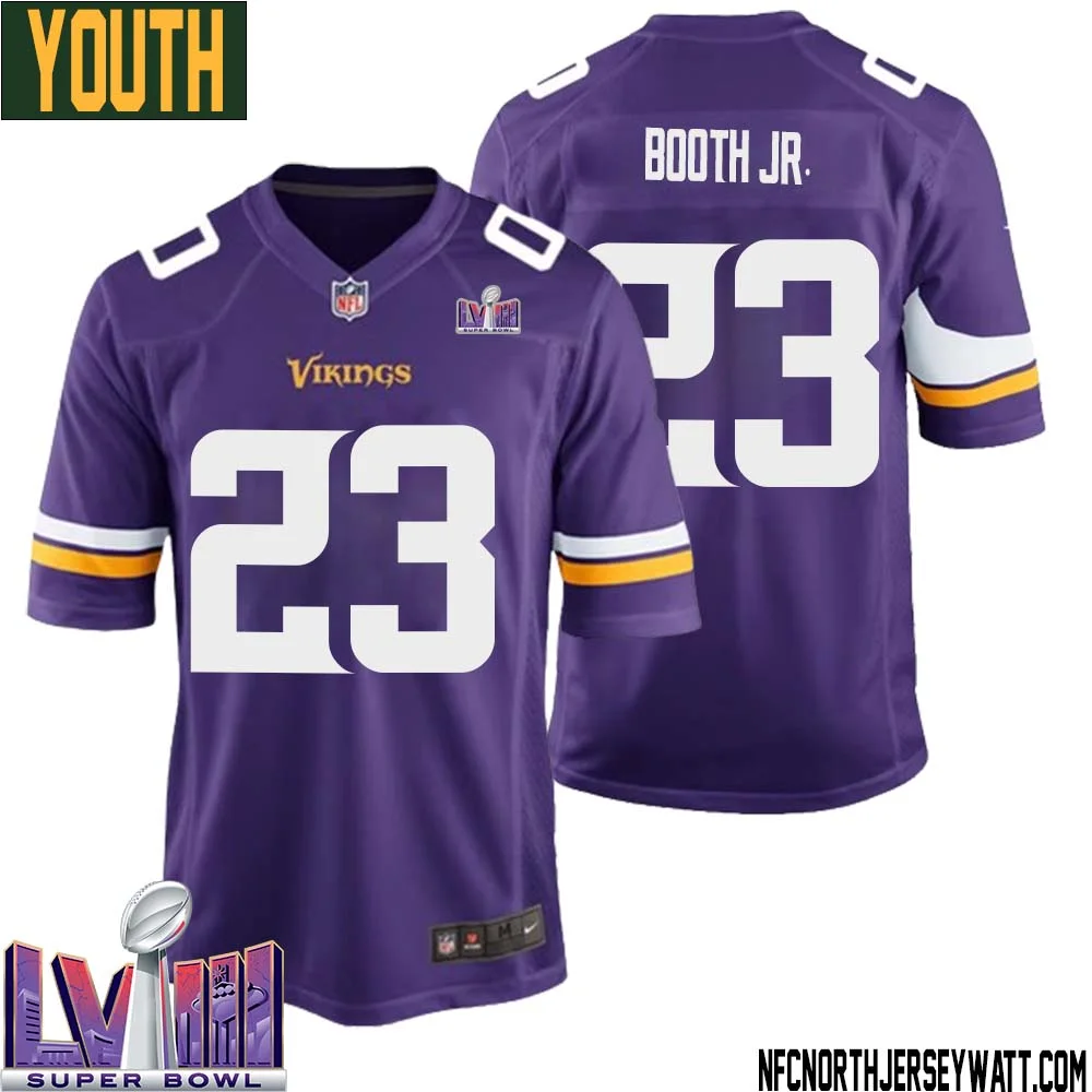 Andrew Booth Jr. No 23 Minnesota Vikings Super Bowl LVIII Home Game Jersey Court Purple for Youth
