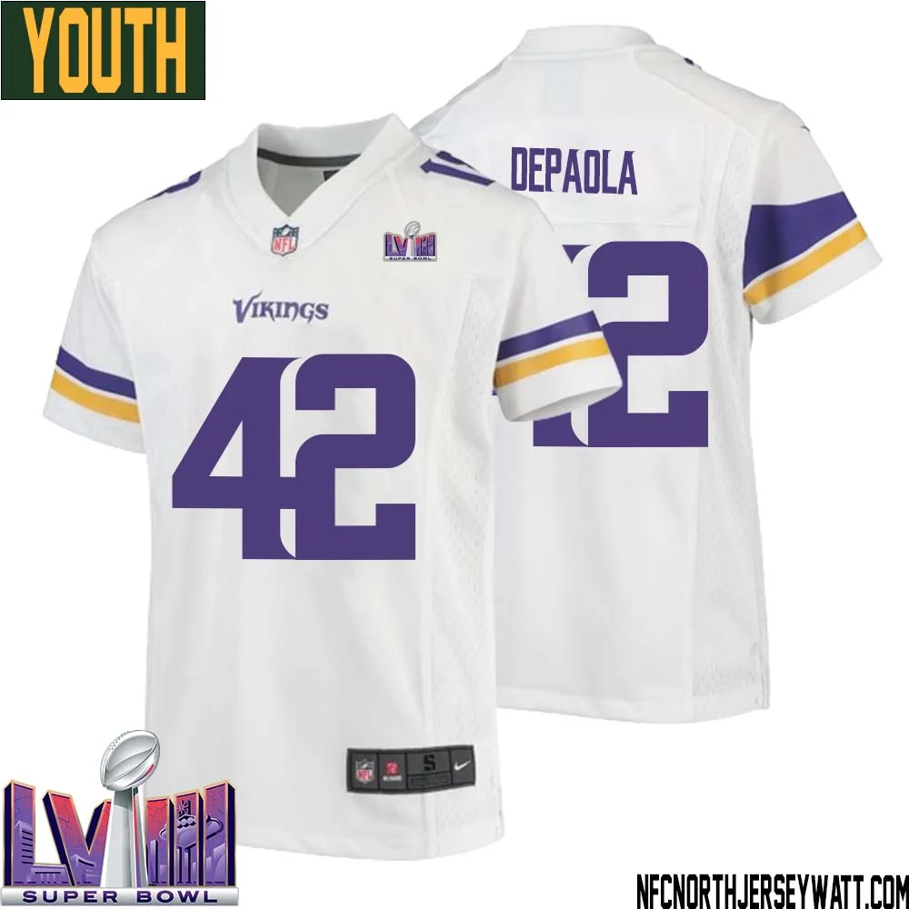 Andrew DePaola No 42 Minnesota Vikings Super Bowl LVIII Away Game Jersey White for Youth