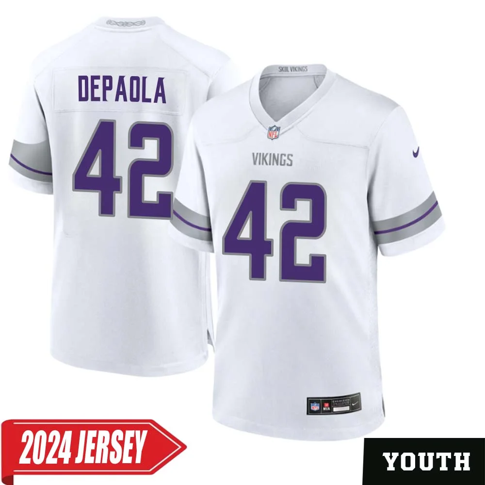 Andrew DePaola No 42 Youth s Minnesota Vikings White Alternate Custom Game 2024 Jersey