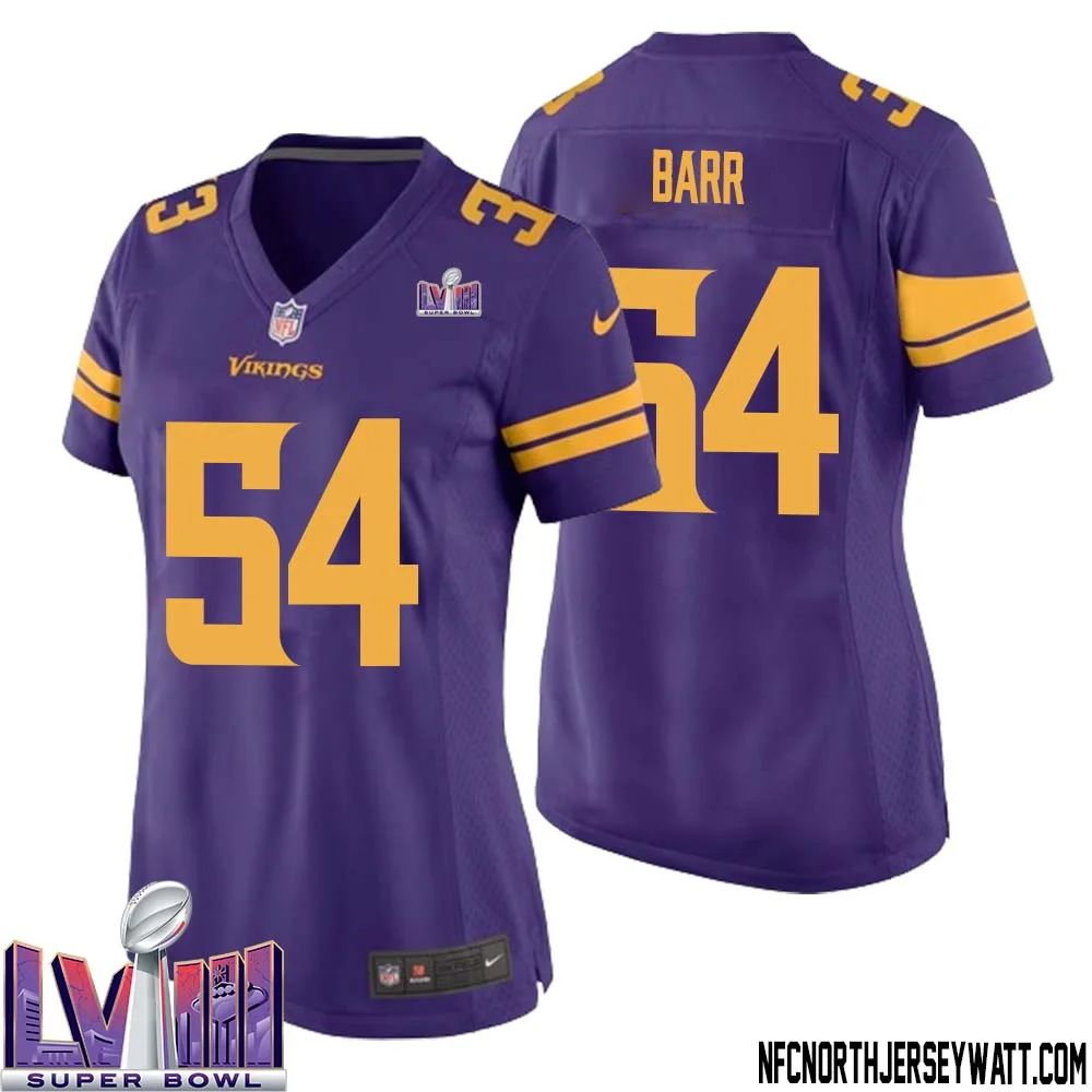 Anthony Barr No 54 Minnesota Vikings Super Bowl LVIII Alternate Game Jersey Purple for Women 1
