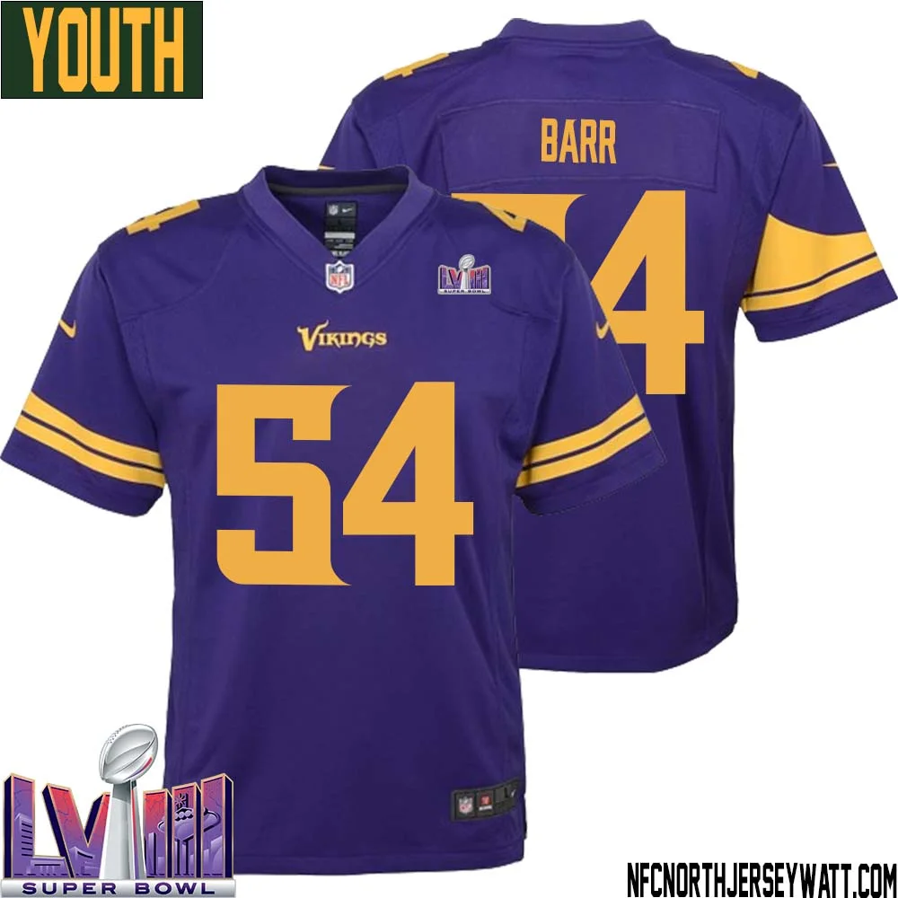 Anthony Barr No 54 Minnesota Vikings Super Bowl LVIII Alternate Game Jersey Purple for Youth 1