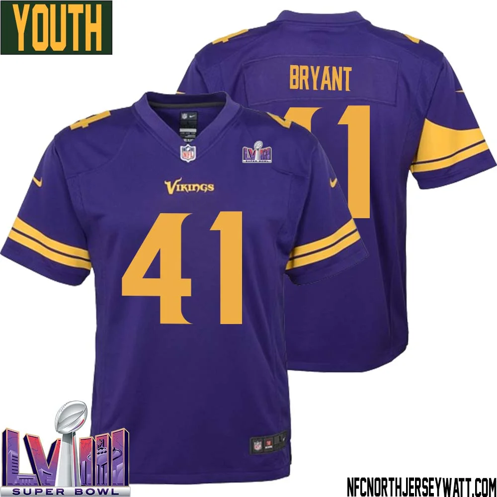 Austin Bryant No 41 Minnesota Vikings Super Bowl LVIII Alternate Game Jersey Purple for Youth