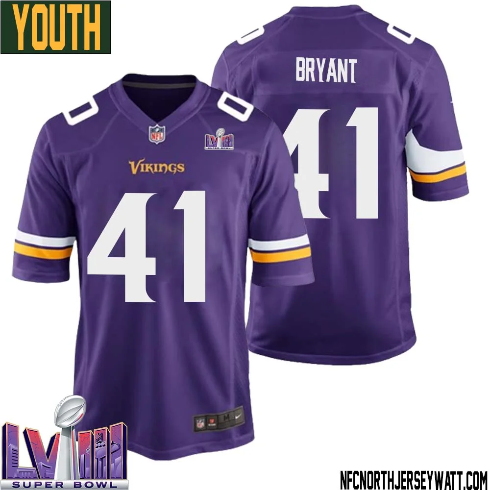 Austin Bryant No 41 Minnesota Vikings Super Bowl LVIII Home Game Jersey Court Purple for Youth
