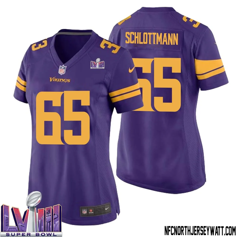 Austin Schlottmann No 65 Minnesota Vikings Super Bowl LVIII Alternate Game Jersey Purple for Women 1
