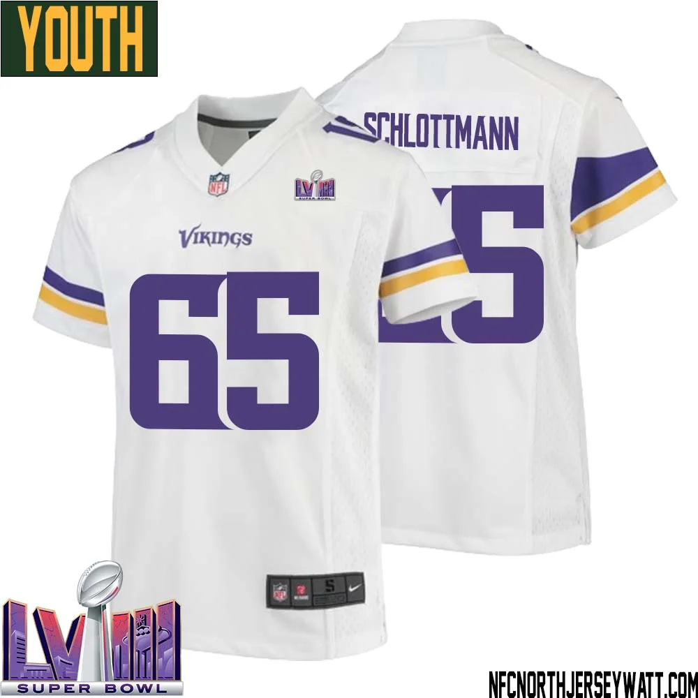 Austin Schlottmann No 65 Minnesota Vikings Super Bowl LVIII Away Game Jersey White for Youth