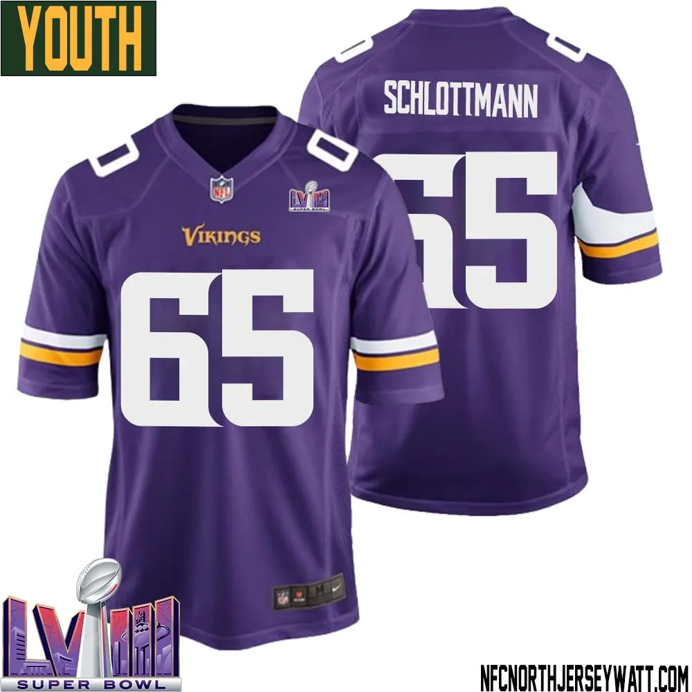 Austin Schlottmann No 65 Minnesota Vikings Super Bowl LVIII Home Game Jersey Court Purple for Youth