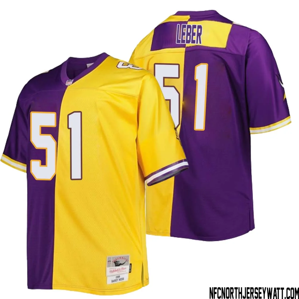 Ben Leber No 51 Men Mitchell Ness Purple Gold Minnesota Vikings Big Tall Split Legacy Retired Player Replica Jersey 1