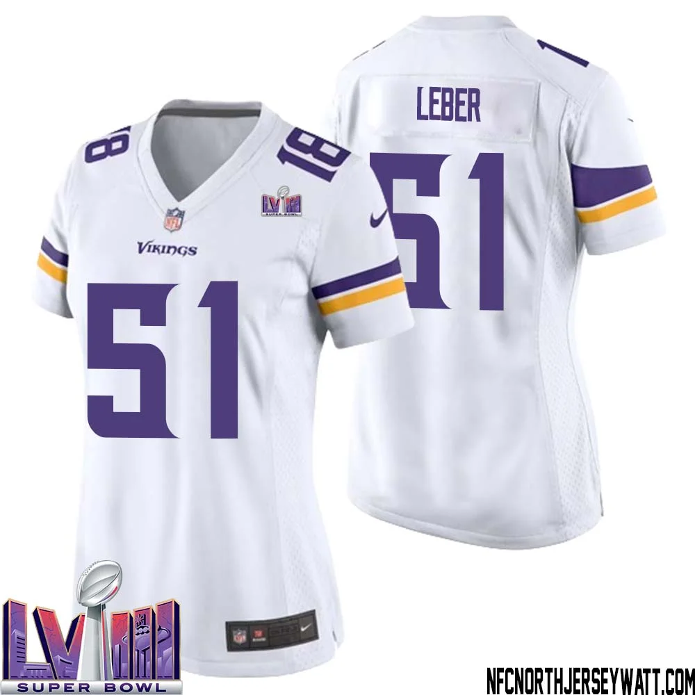 Ben Leber No 51 Minnesota Vikings Super Bowl LVIII Away Game Jersey White for Women