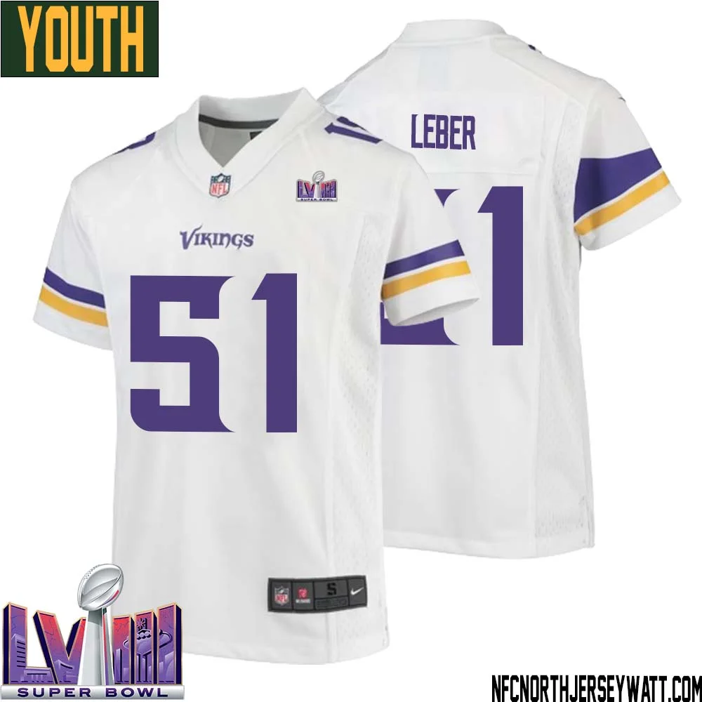 Ben Leber No 51 Minnesota Vikings Super Bowl LVIII Away Game Jersey White for Youth