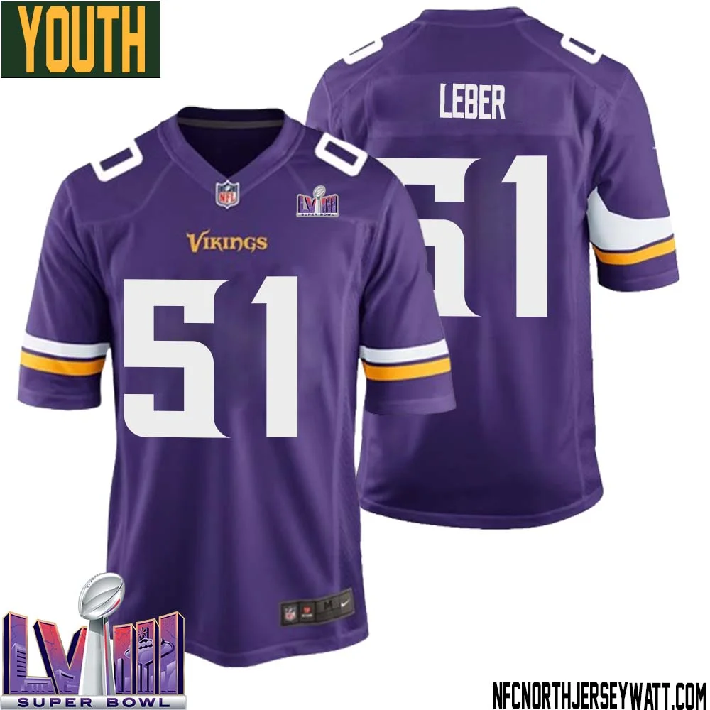 Ben Leber No 51 Minnesota Vikings Super Bowl LVIII Home Game Jersey Court Purple for Youth