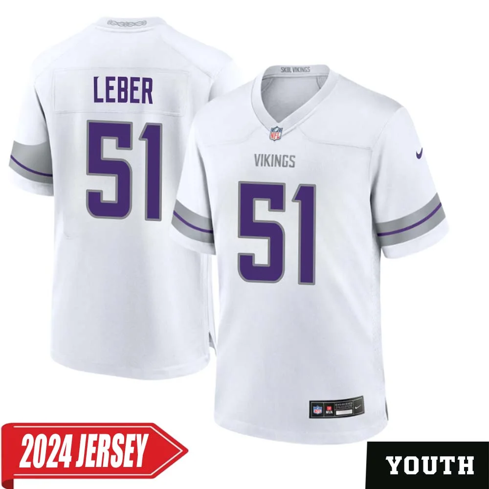Ben Leber No 51 Youth s Minnesota Vikings White Alternate Custom Game 2024 Jersey