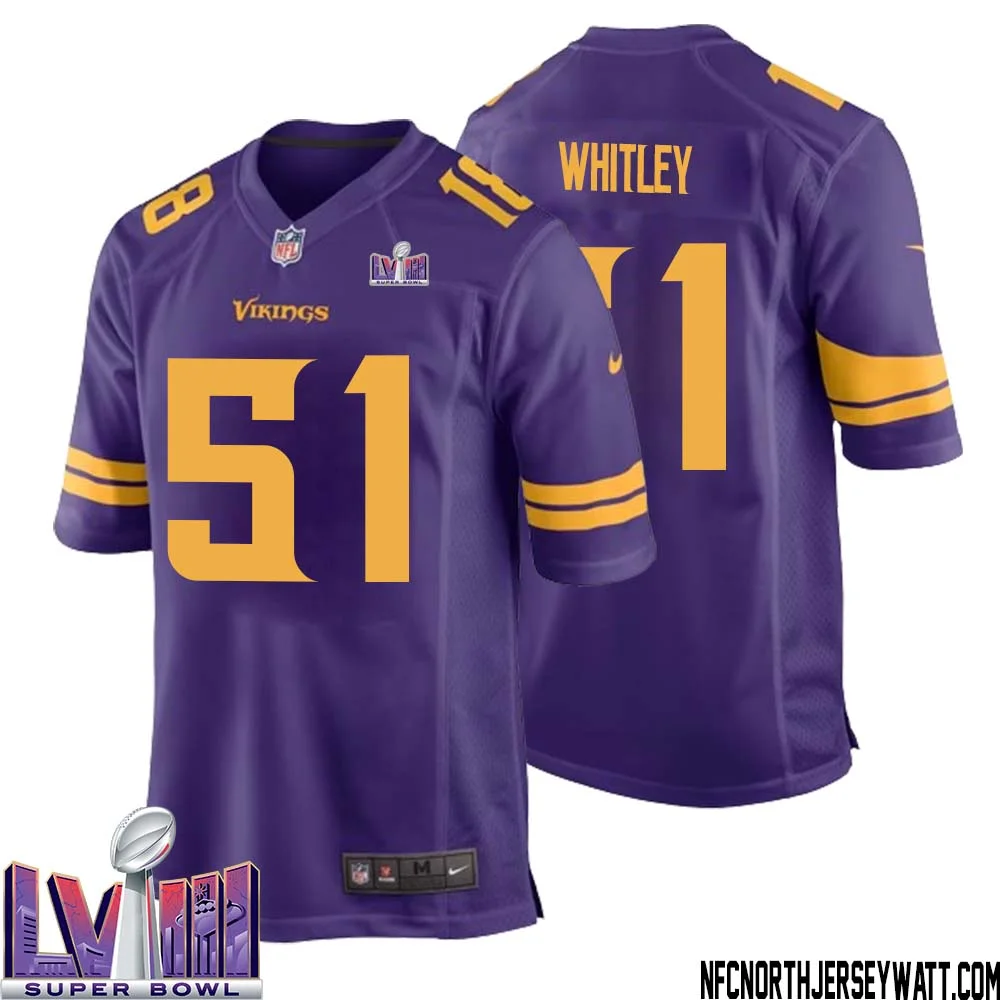 Benton Whitley No 51 Minnesota Vikings Super Bowl LVIII Alternate Game Jersey Purple for Men