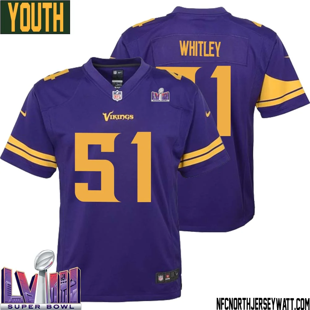 Benton Whitley No 51 Minnesota Vikings Super Bowl LVIII Alternate Game Jersey Purple for Youth 1