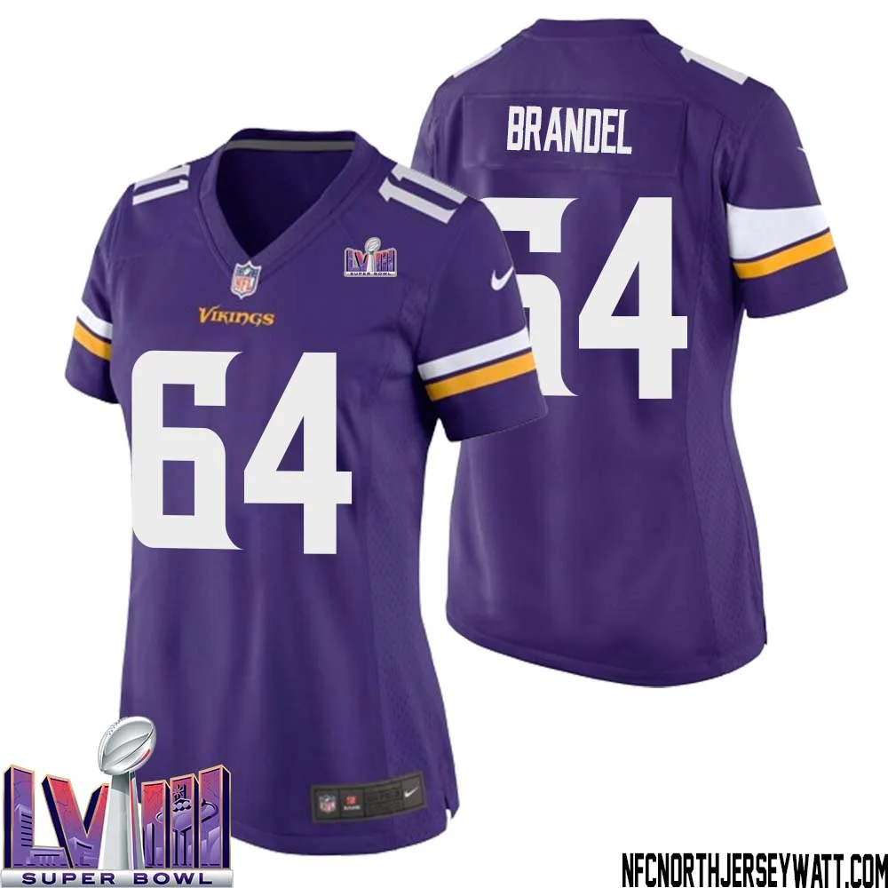 Blake Brandel No 64 Minnesota Vikings Super Bowl LVIII Home Game Jersey Court Purple for Women
