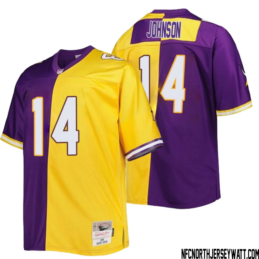 Brad Johnson No 14 Men Mitchell Ness Purple Gold Minnesota Vikings Big Tall Split Legacy Retired Player Replica Jersey 1