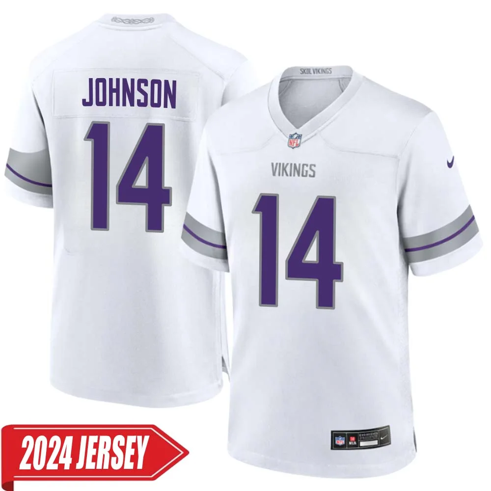 Brad Johnson No 14 Men s Minnesota Vikings White Alternate Custom Game 2024 Jersey