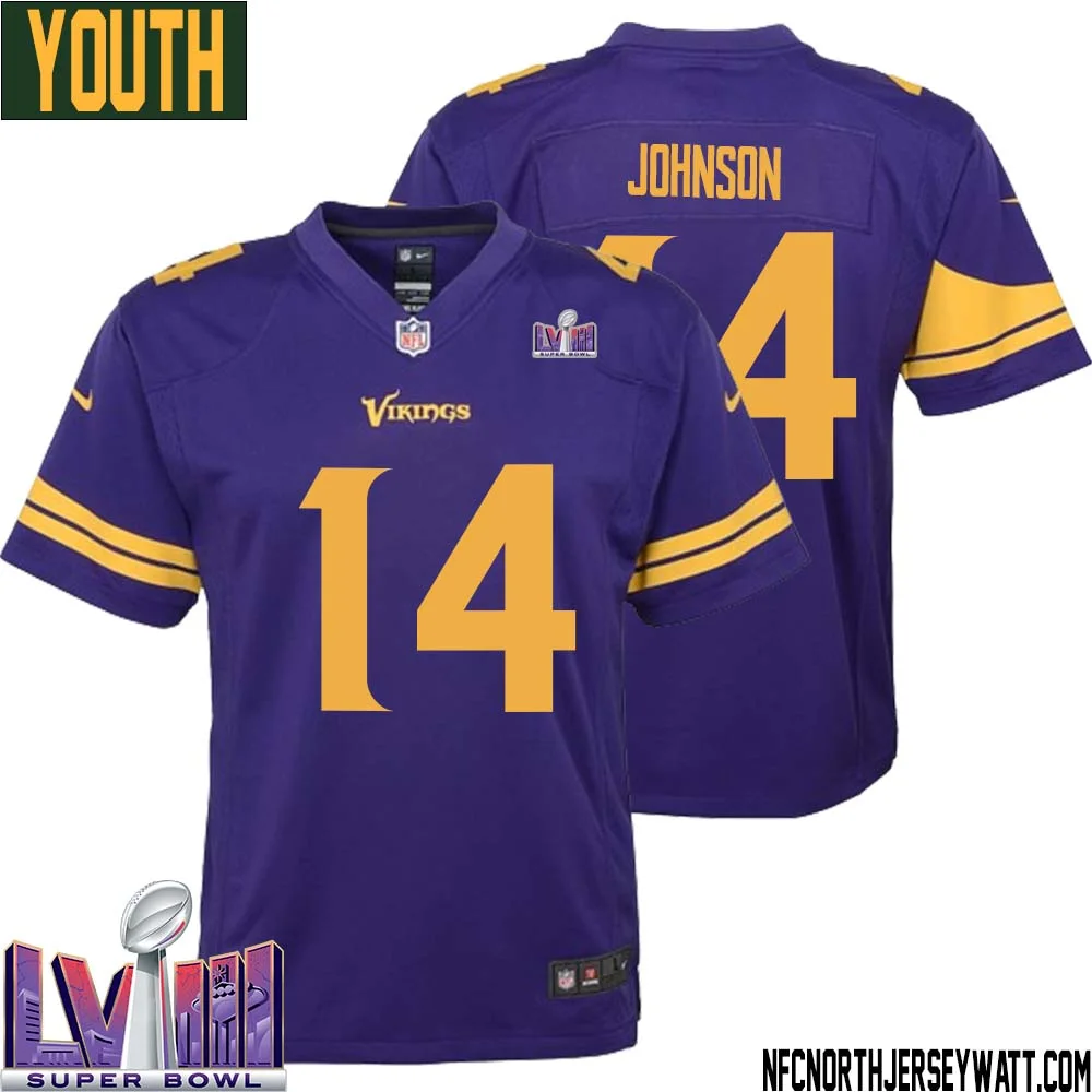 Brad Johnson No 14 Minnesota Vikings Super Bowl LVIII Alternate Game Jersey Purple for Youth 1