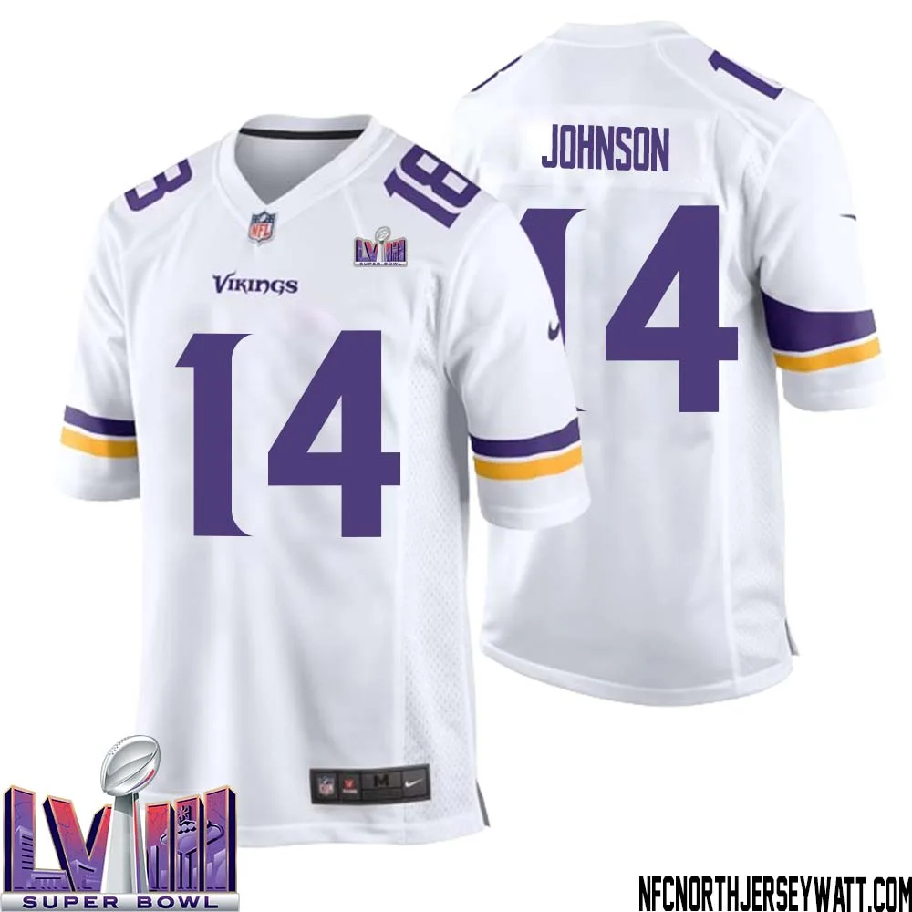 Brad Johnson No 14 Minnesota Vikings Super Bowl LVIII Away Game Jersey White for Men 1