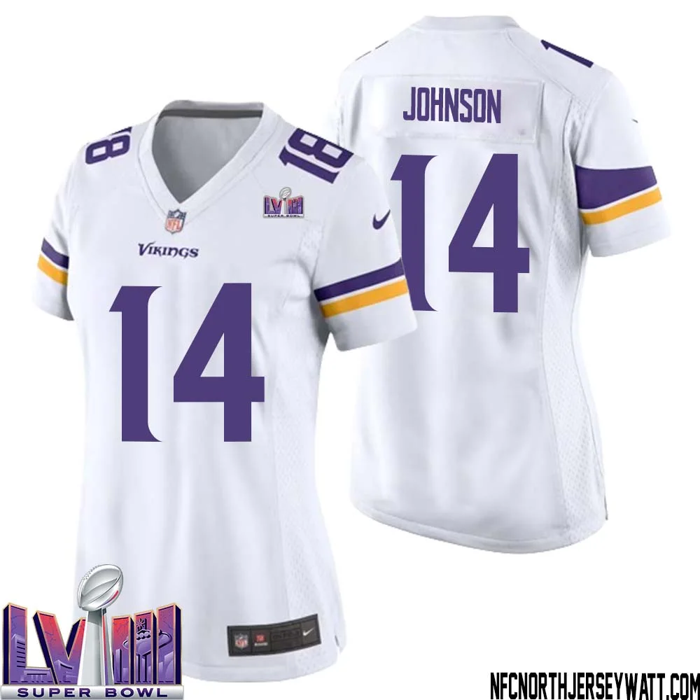 Brad Johnson No 14 Minnesota Vikings Super Bowl LVIII Away Game Jersey White for Women 1