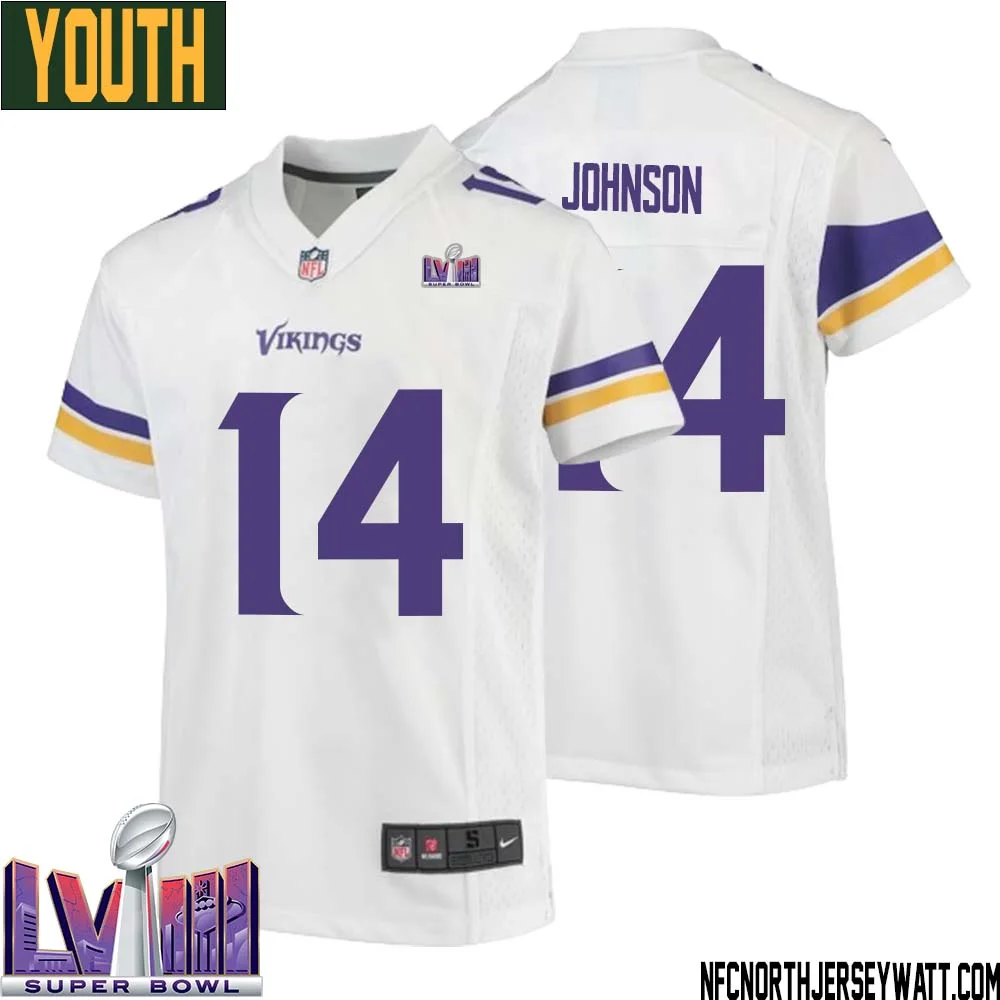 Brad Johnson No 14 Minnesota Vikings Super Bowl LVIII Away Game Jersey White for Youth