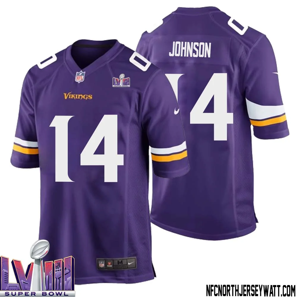 Brad Johnson No 14 Minnesota Vikings Super Bowl LVIII Home Game Jersey Court Purple for Mens 1