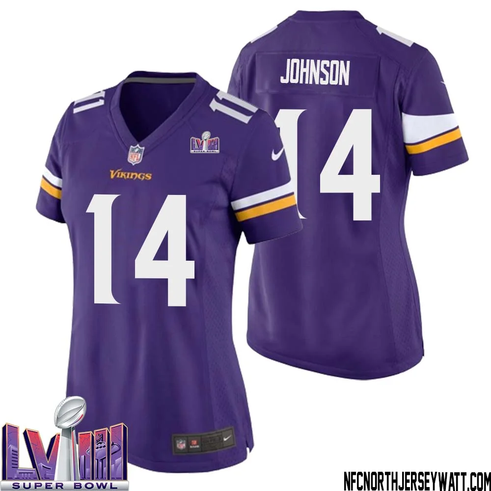 Brad Johnson No 14 Minnesota Vikings Super Bowl LVIII Home Game Jersey Court Purple for Women 1