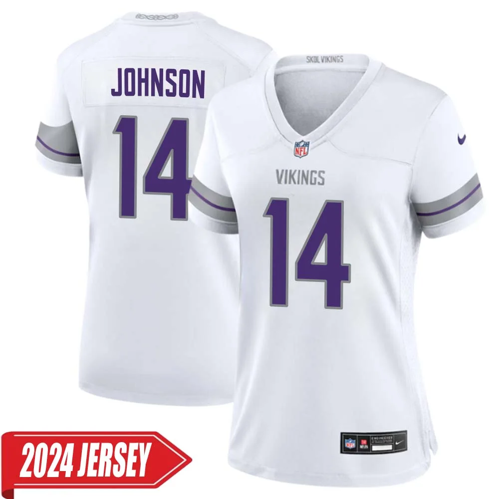 Brad Johnson No 14 Woman s Minnesota Vikings White Alternate Custom Game 2024 Jersey
